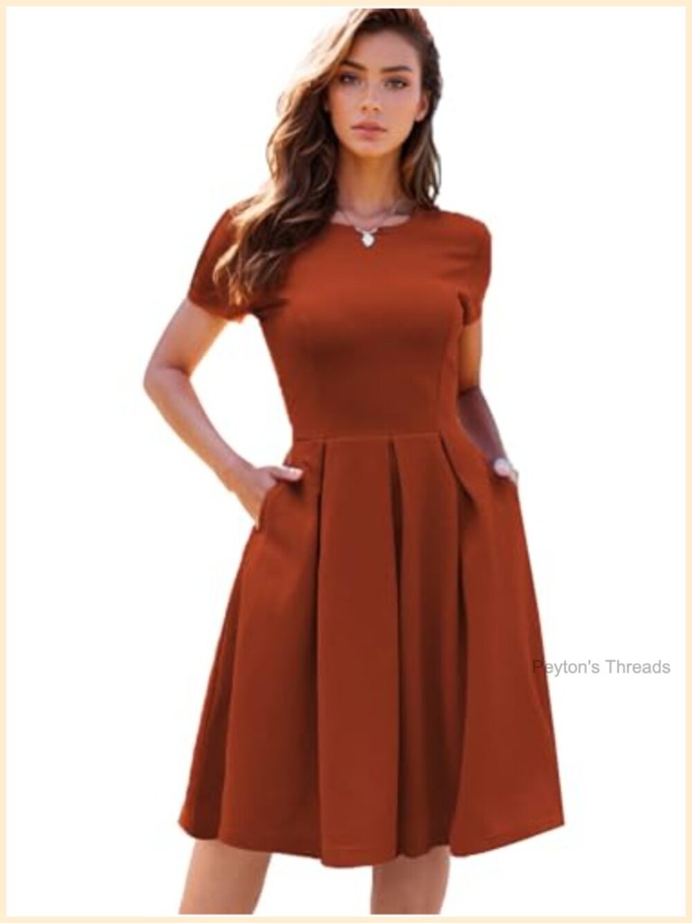 95% Polyester A-Line Swing Dress with Pockets Scoop Neck Short Sleeve Semi